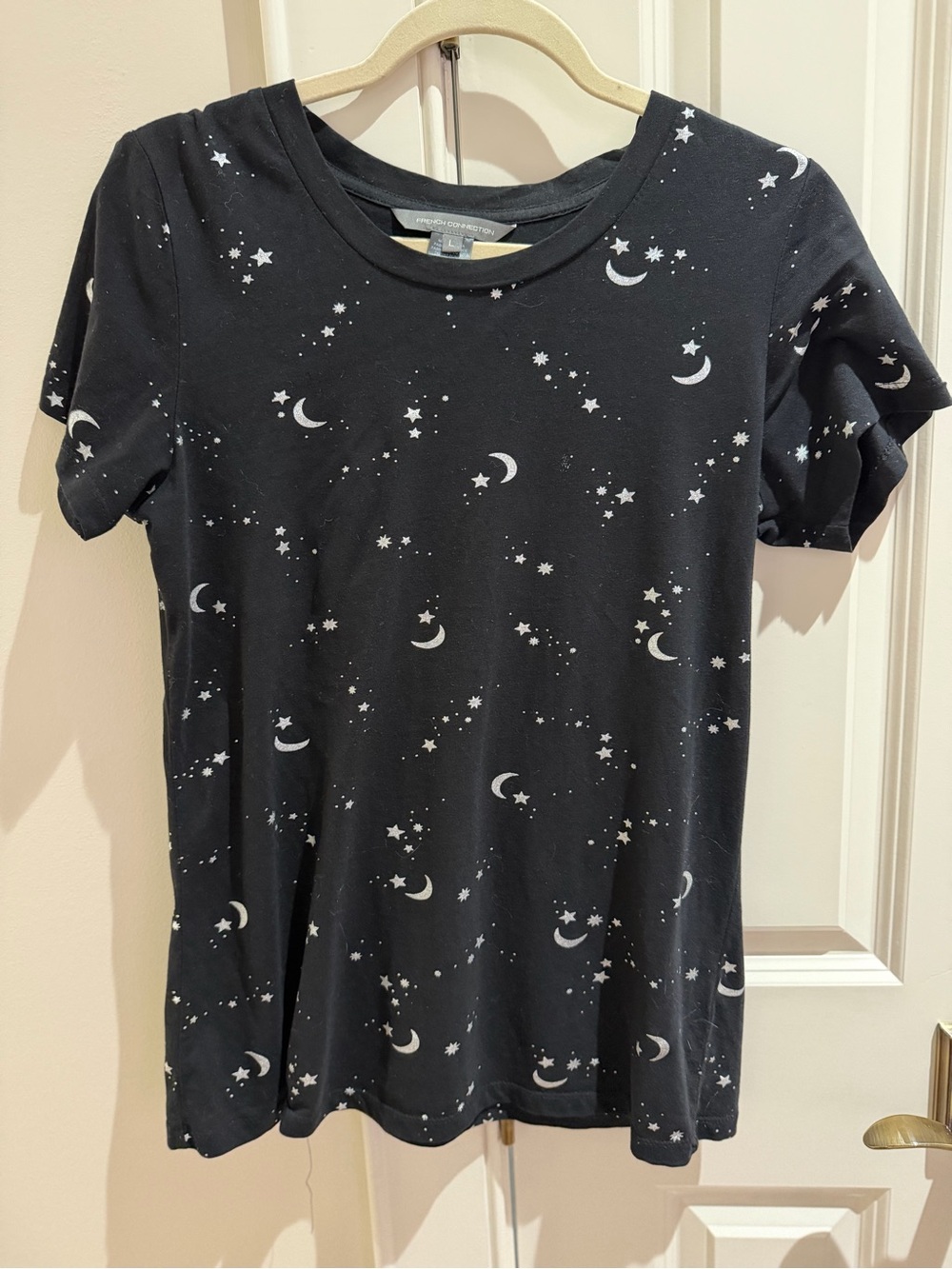 French Connection Black Tee with White Moon & Star Print